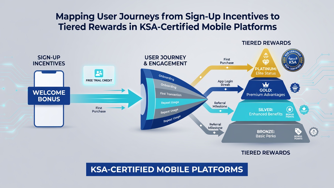 Diagram dat de stroom van gebruikersinteracties illustreert van basisbeloningen naar hogere VIP-tiers in een KSA-gelicentieerde app