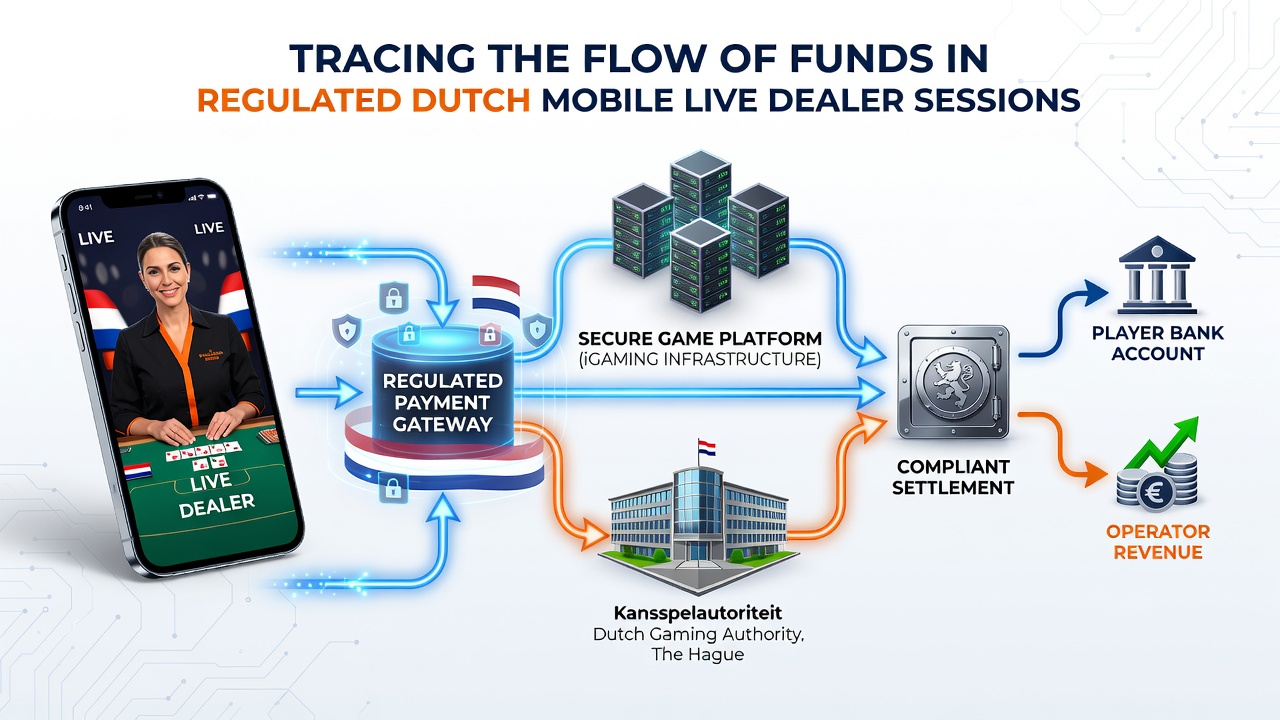 Illustratie van geldstromen door mobiele live dealer platforms onder Nederlands toezicht