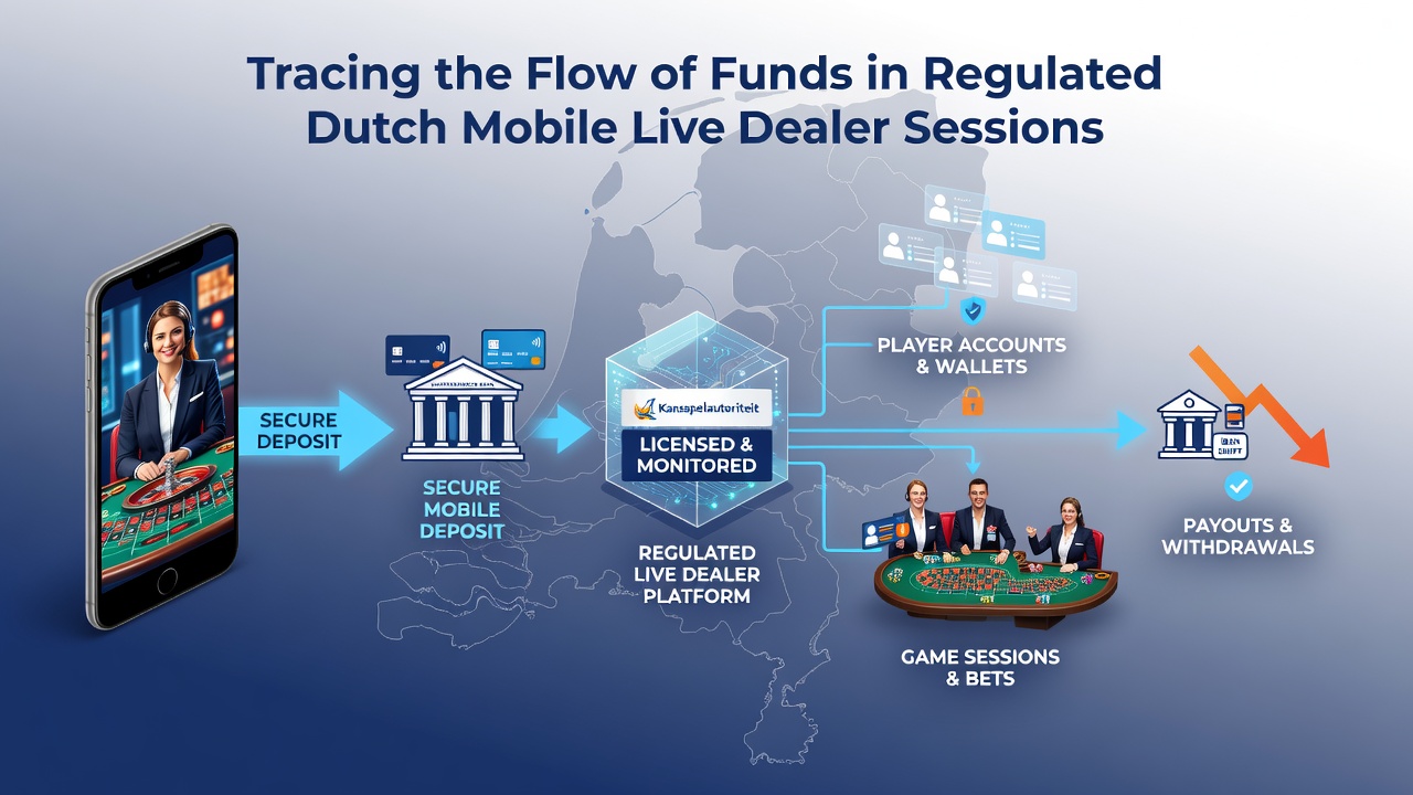 Diagram van fondsenrouting in Nederlandse mobiele live casino sessies